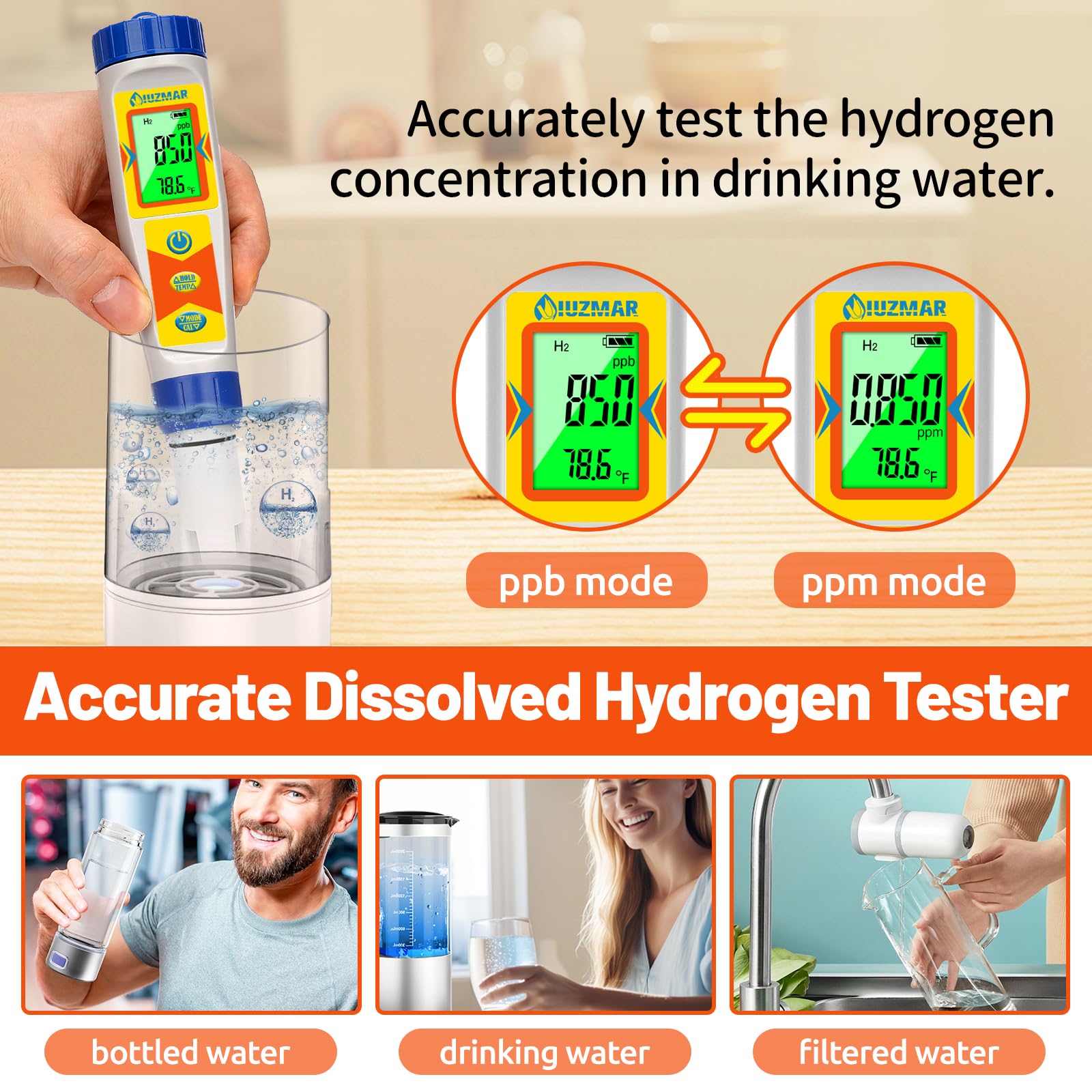 UIUZMAR Hydrogen Water Tester pH Meter 6 in 1 pH H2 ORP TDS EC Temp Tester Dissolved Hydrogen Tester for Hydrogen Water Bottle pH and ORP Meter for Household Drinking Water Hydroponics Pool