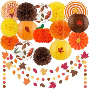 fall thanksgiving party decorations supplies, autumn maple leaves garland hanging paper lanterns tissue pumpkin honeycombs fans pom poms flowers for birthday baby shower home decor indoor outdoor