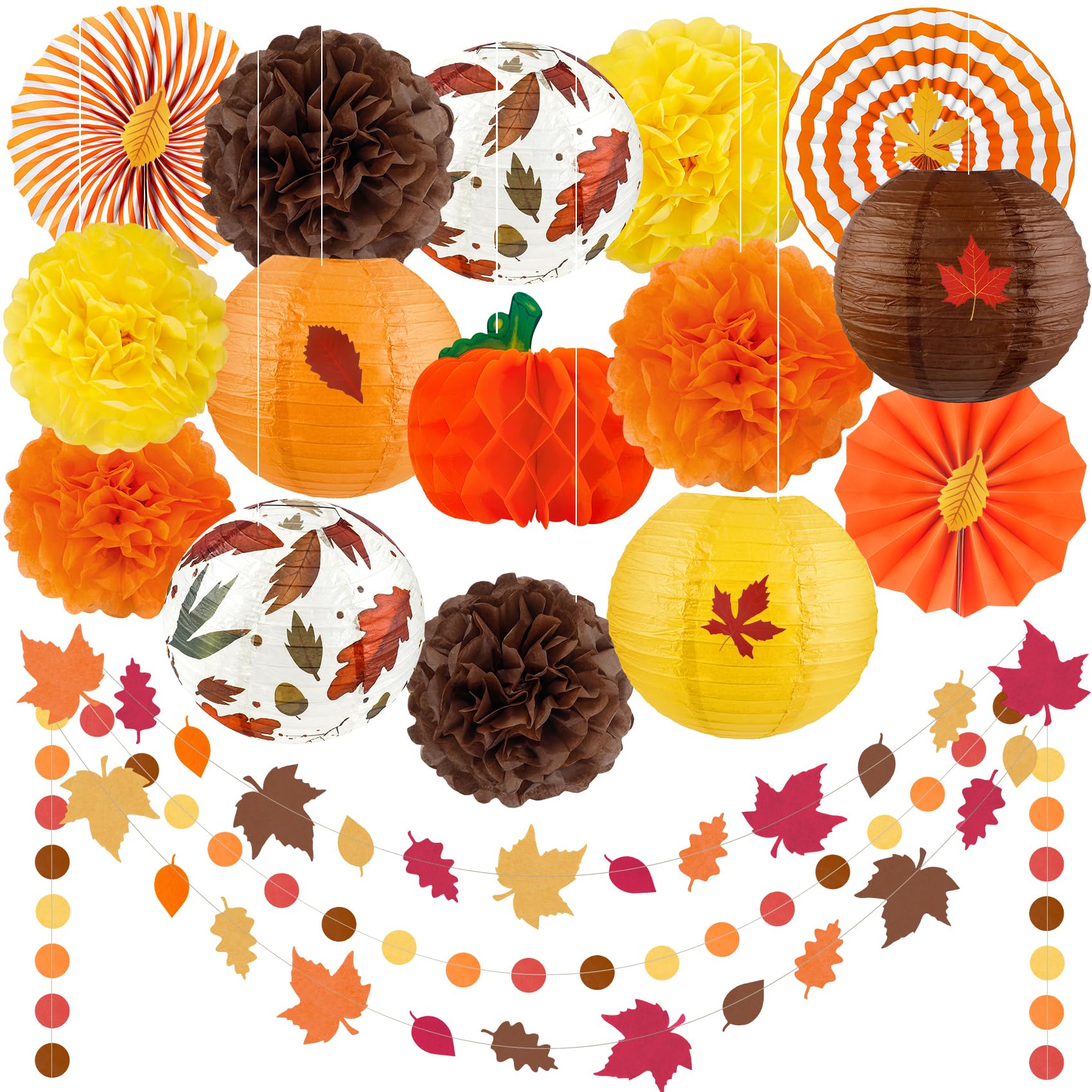 Fall Thanksgiving Party Decorations Supplies, Autumn Maple Leaves Garland Hanging Paper Lanterns Tissue Pumpkin Honeycombs Fans Pom Poms Flowers for Birthday Baby Shower Home Decor Indoor Outdoor