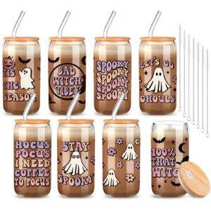 rimcereal 8 pcs halloween drinking party glasses 16 oz ghost flower glass cup with lid and straw spooky can shaped beer glass skull bat mason jar glass cups for halloween party gift (cute)