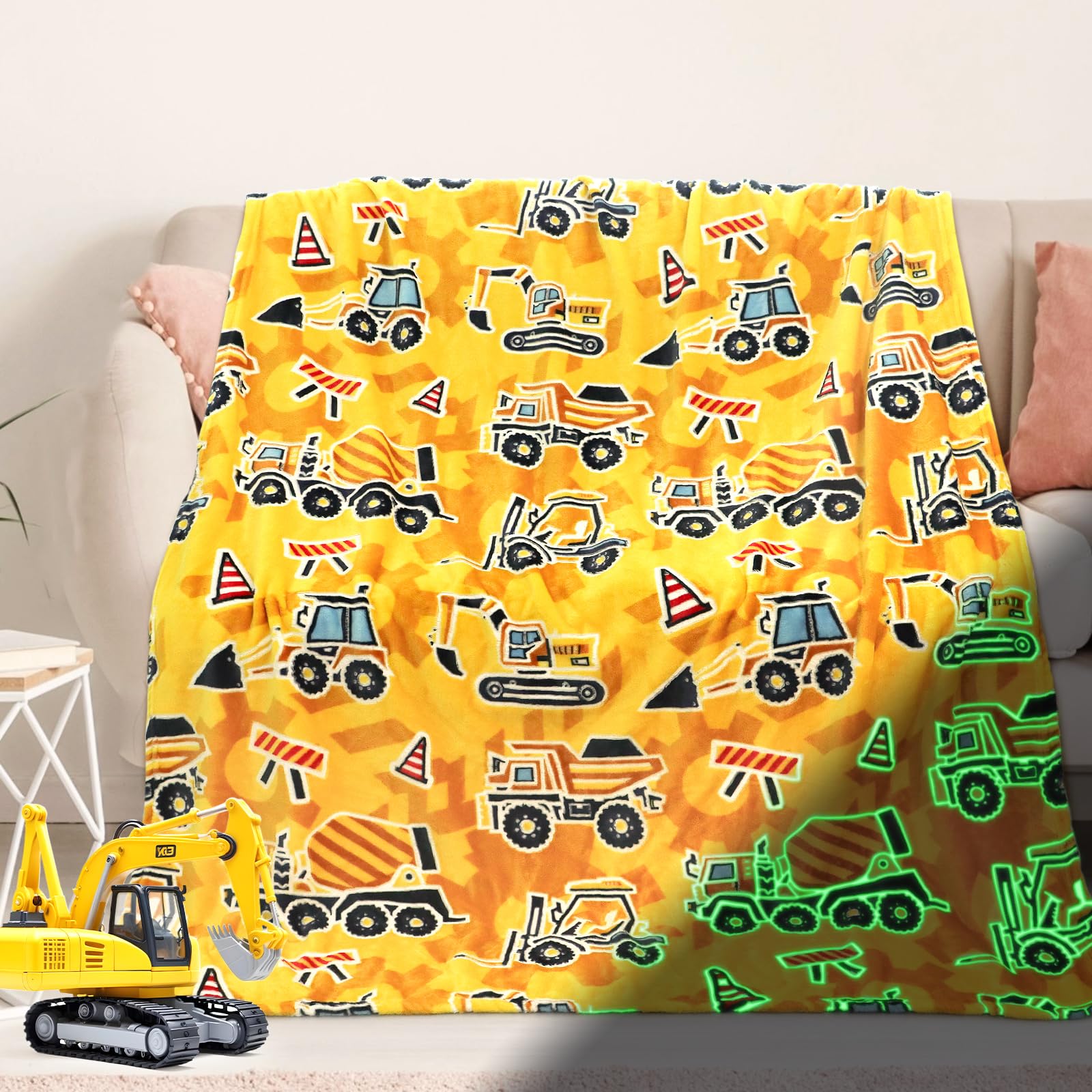 Excavator Toys Gifts for Kids Glow in The Dark Truck Blanket Construction Blankets Soft Tractor Throw Blankets Boys Car Theme Decor Blanket 40"×50"