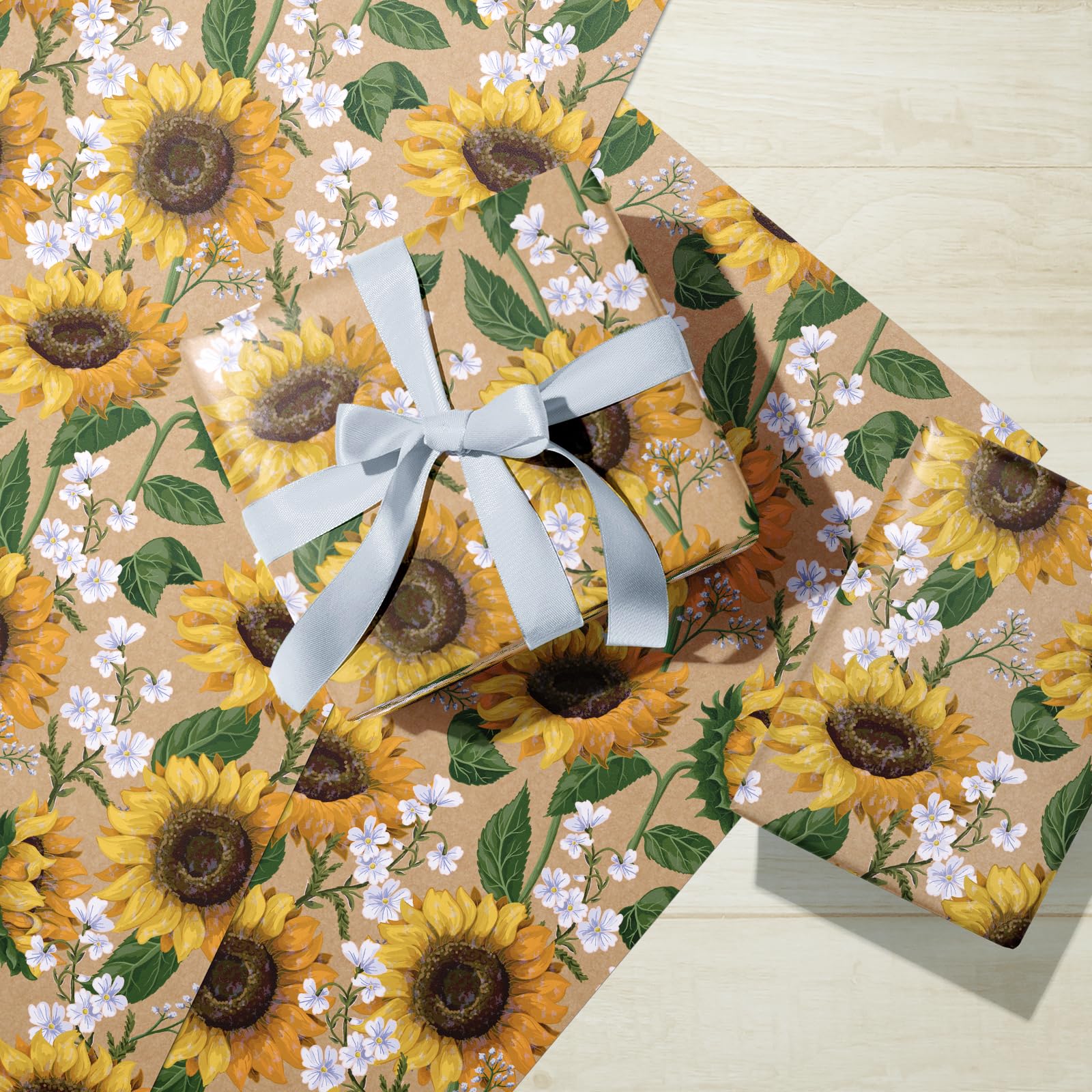 WRAPAHOLIC Kraft Floral Wrapping Paper Roll - Mini Roll - 17 Inch x 33 Feet - Sunflower Design, Perfect for Birthday, Baby Shower, Party, Holiday