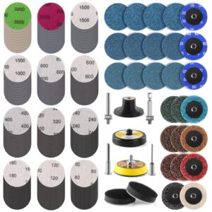 poliwell 2 inch sanding discs hook and loop variety kit 80-3000 grit for drill grinder rotary tools die grinder,2”roll lock quick change discs attachment with 1/8"&1/4" shank backer plate,195 pack