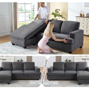 VanAcc 89 Inch Convertible Sofa with Storage, Reversible L Shape Sofa Couch with Chaise, Comfy Couches for Living Room, Grey Bouclé