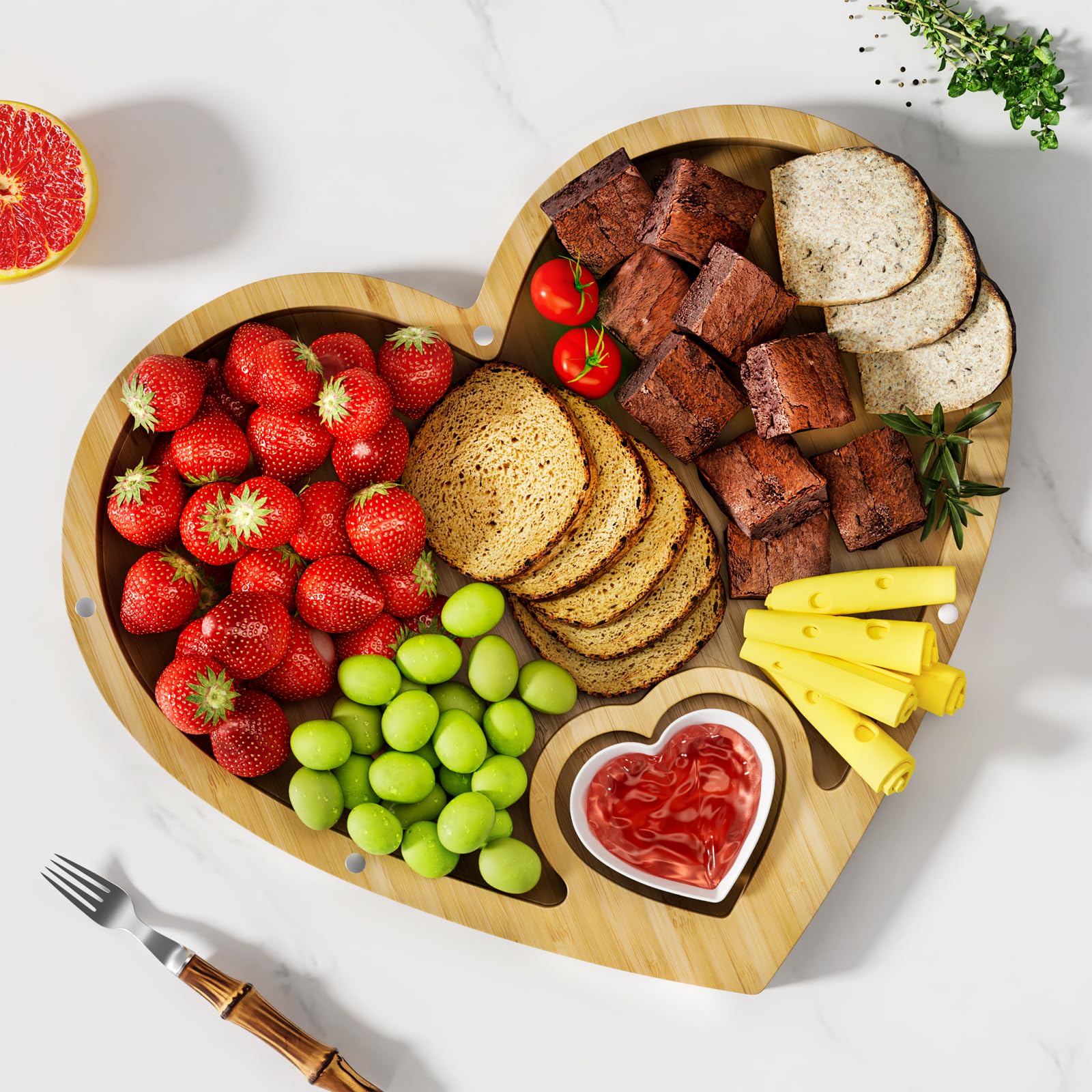 Charcuterie Boards Gift Set - 2 Unique Heart Shade Bamboo Cheese Board with 2 Seasoning Dishs - Mothers Day Gifts for Mom - House Warming Gifts New Home - Wedding Gifts, Bridal Shower Gift