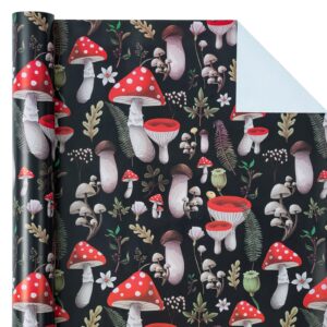 WRAPAHOLIC Mushroom Wrapping Paper Roll - Mini Roll - 17 Inch x 33 Feet - Black Red Mushrooms Plants Design, Perfect for Birthday, Autumn, Party, Holiday