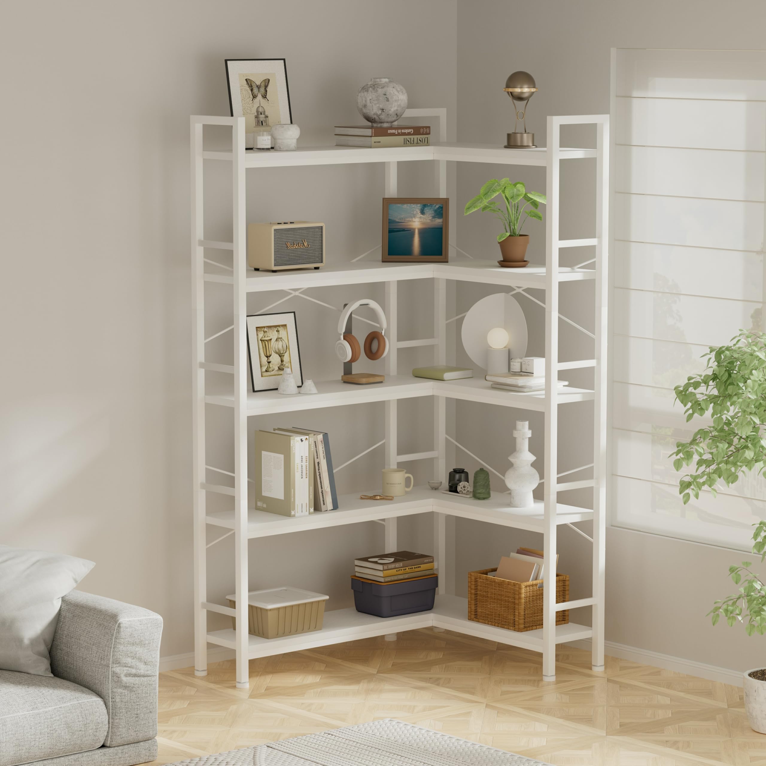 Lazyvan White Corner Bookshelf,5 Tiers Corner Shelf with Open Storage,L Shaped Shelves for Home Office,Living Room,Bedroom