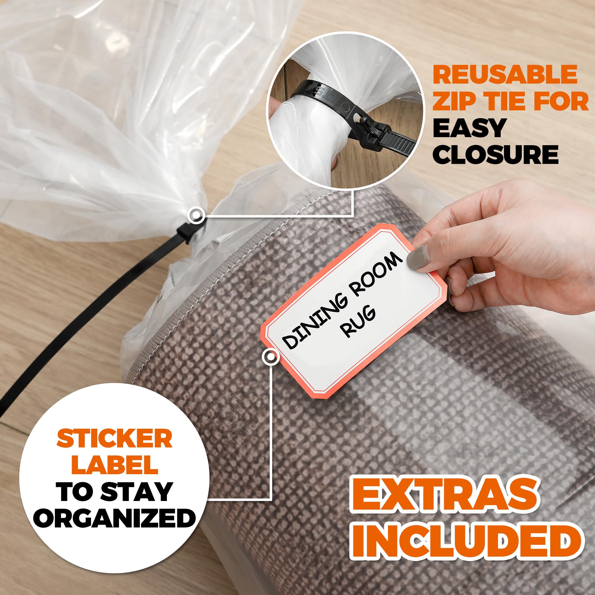 Heavy Duty Rug Storage Bag - Reusable Rug Shipping Bag, Waterproof Plastic Rug Cover - Fits Rolled Carpet Up to 6 x 9 Feet, 4 Mil Thick Tear Proof Plastic Storage Bag - 1 Clear Bag, 92 x 20 Inches