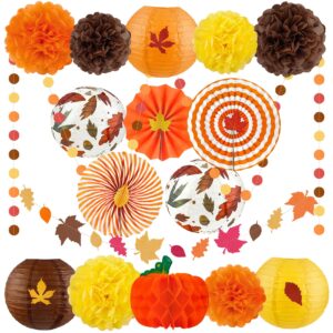 Fall Thanksgiving Party Decorations Supplies, Autumn Maple Leaves Garland Hanging Paper Lanterns Tissue Pumpkin Honeycombs Fans Pom Poms Flowers for Birthday Baby Shower Home Decor Indoor Outdoor