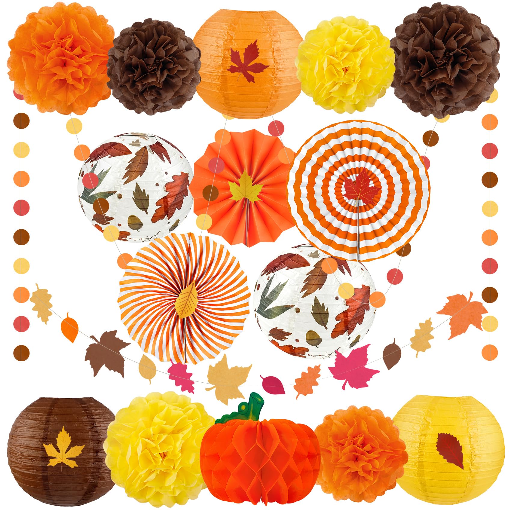 Fall Thanksgiving Party Decorations Supplies, Autumn Maple Leaves Garland Hanging Paper Lanterns Tissue Pumpkin Honeycombs Fans Pom Poms Flowers for Birthday Baby Shower Home Decor Indoor Outdoor