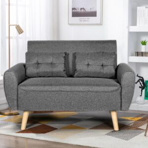 oakmont 44" small modern linen fabric loveseat sofa, comfortable and stylish love seat with 2 pillows and thick cushion, durable wood leg couch for small space, living room, bedroom, apartment (grey)