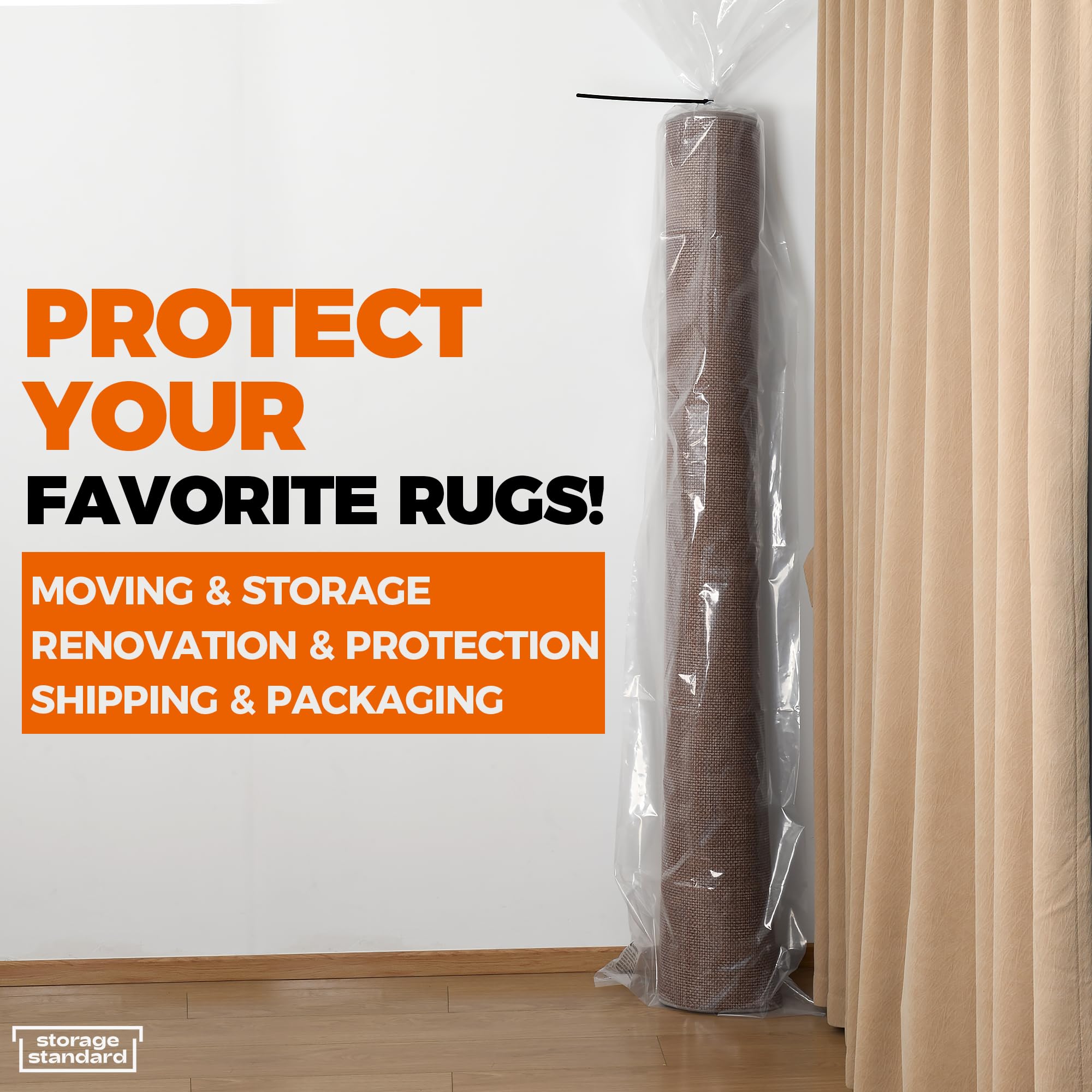 Heavy Duty Rug Storage Bag - Reusable Rug Shipping Bag, Waterproof Plastic Rug Cover - Fits Rolled Carpet Up to 6 x 9 Feet, 4 Mil Thick Tear Proof Plastic Storage Bag - 1 Clear Bag, 92 x 20 Inches