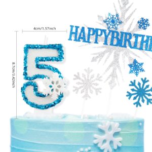 iNINGER Frozen Snow Themed Birthday Candles,Snowflake Birthday Candles Number 5 Candle,Snow Themed Birthday Candles for Cake,Blue White Birthday Candles Cake Toppers Birthday Party Supplies