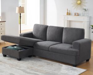 vanacc 89 inch convertible sofa with storage, reversible l shape sofa couch with chaise, comfy couches for living room, grey bouclé