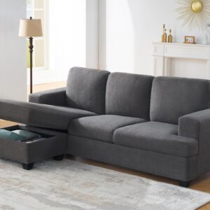 VanAcc 89 Inch Convertible Sofa with Storage, Reversible L Shape Sofa Couch with Chaise, Comfy Couches for Living Room, Grey Bouclé