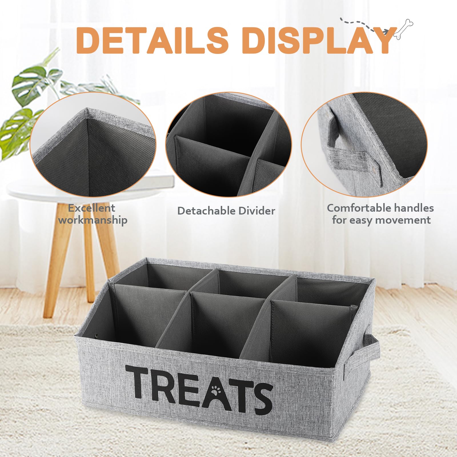 Brabtod Dog Storage Organizer,Dog Treat Container Bin,Collapsible Fabric Storage Box for Pet Treats with removable dividers,Dog Stuff Container for Dog Treats Stick/Pet Canned Food/Packaged Snacks