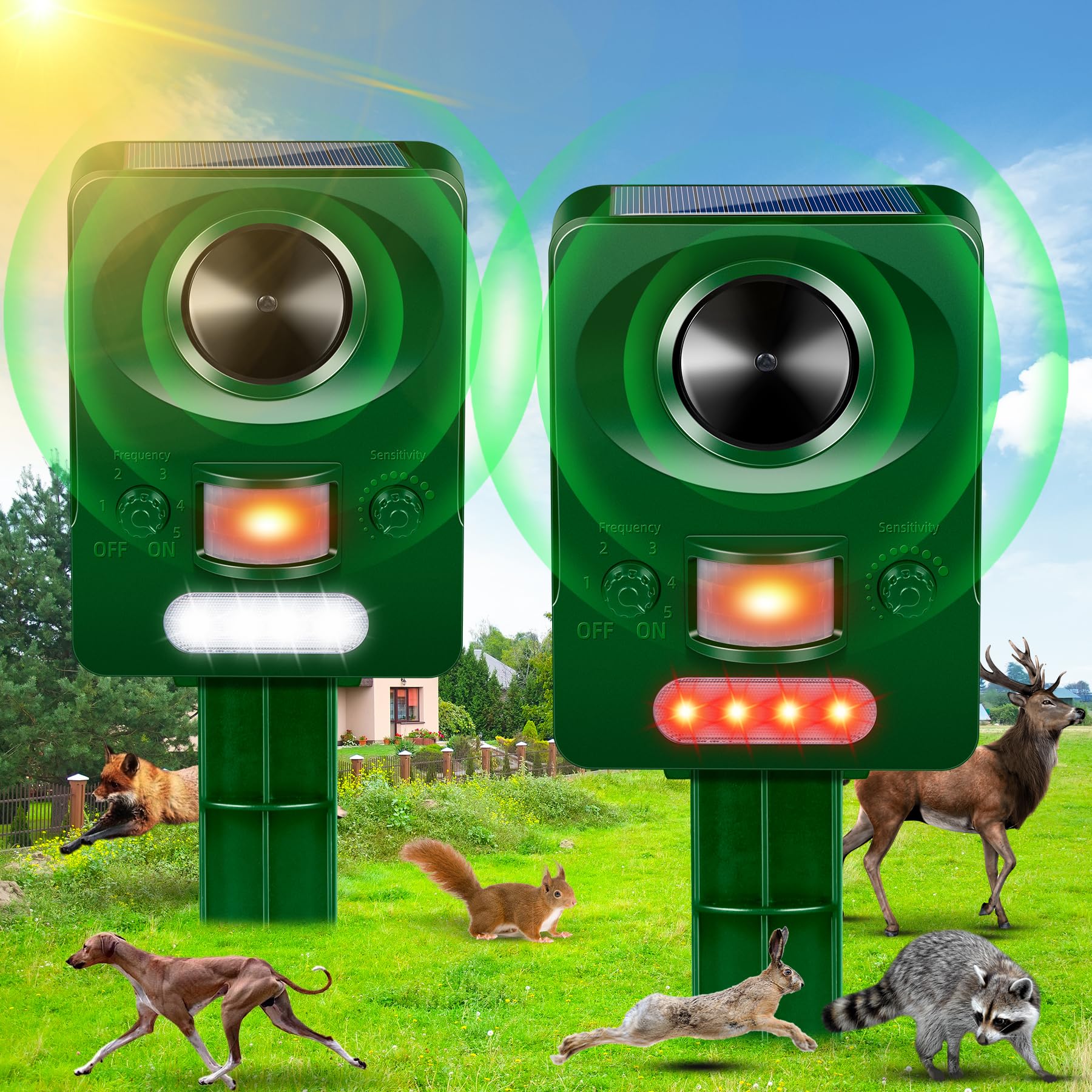 2 Pack Upgraded Ultrasonic Animal Repeller Outdoor,Solar Animal Repeller with Motion Sensor & Deterrent Light to Repel Raccoon Squirrel Skunk Cat Rabbit Dog Deer Repellent Devices for Yard Protection