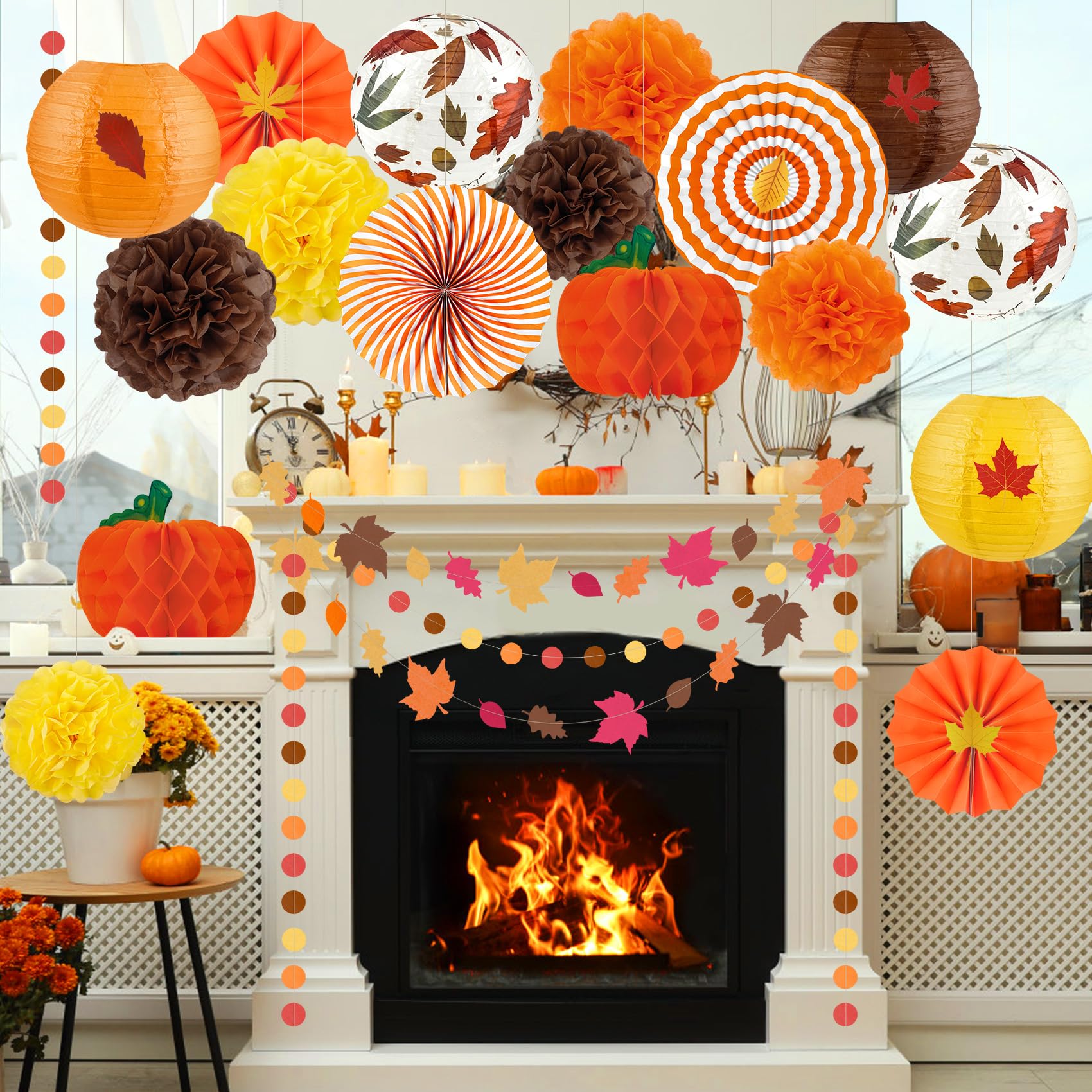 Fall Thanksgiving Party Decorations Supplies, Autumn Maple Leaves Garland Hanging Paper Lanterns Tissue Pumpkin Honeycombs Fans Pom Poms Flowers for Birthday Baby Shower Home Decor Indoor Outdoor