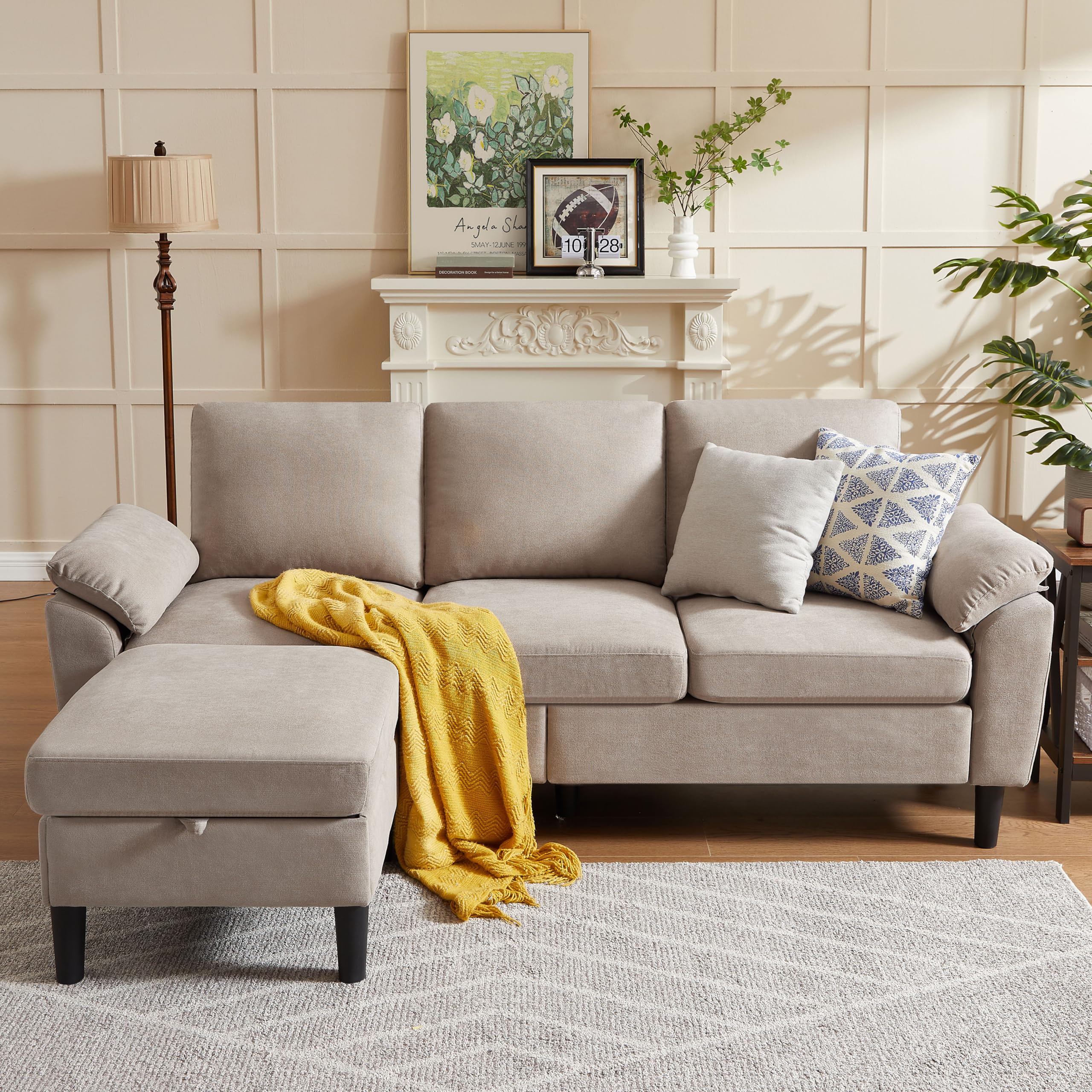 Tornama Convertible Sectional Sofa, Modern Polyester Small L Shaped Couch with Reversible Storage Chaise, 3 Seat Sofa Couches for Living Room, Apartment and Small Space, Beige