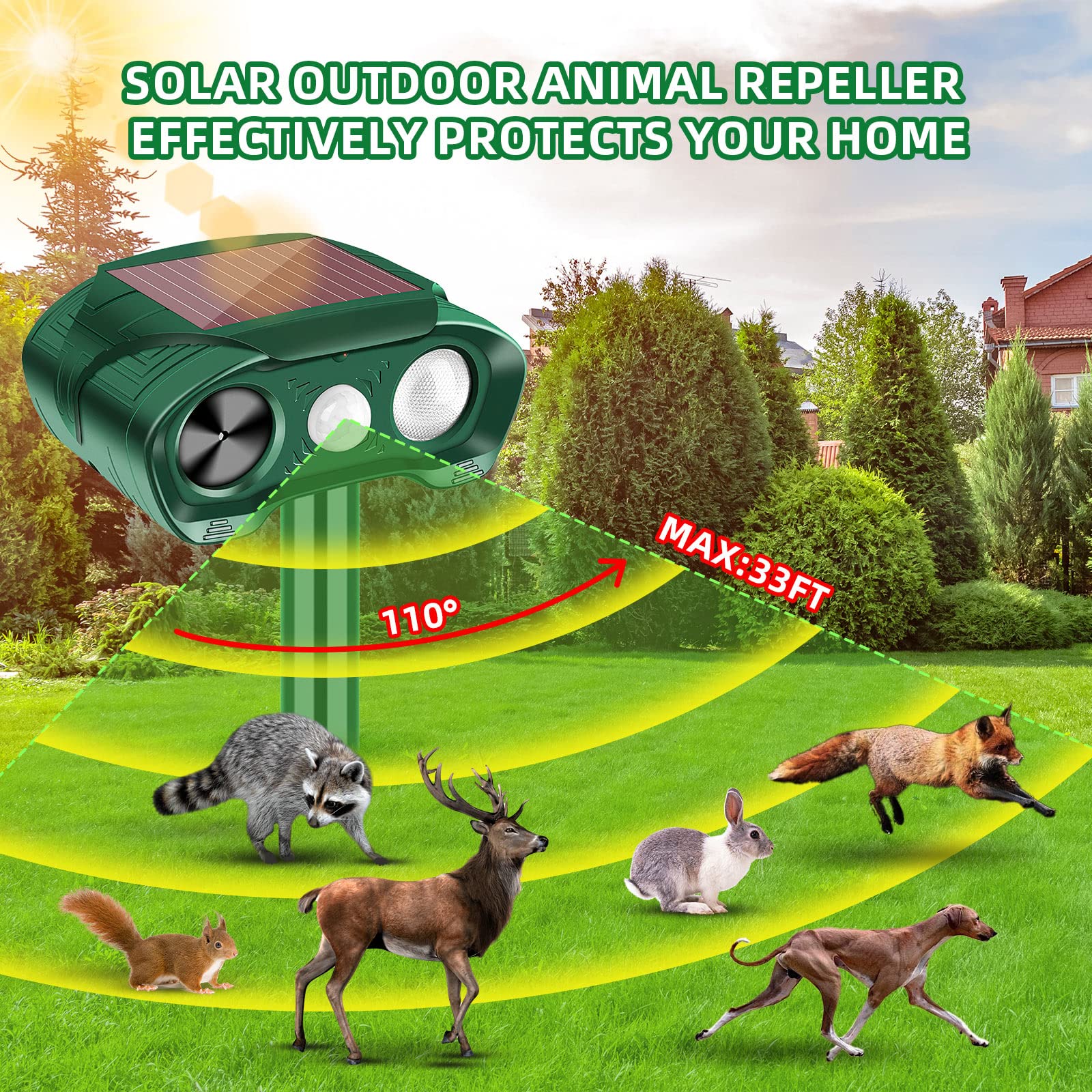 2 Pack Upgraded Solar Deer Repellent Devices for Garden,Ultrasonic Animal Repeller Outdoor with Motion Sensor to Scare Away Raccoon Cat Rabbit Squirrel Dog Skunk,Animal Deterrent for Yard Protection