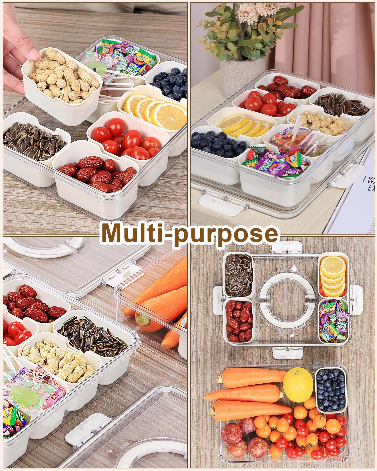 HAKPNEW Snackle Box Container with Lid & Handle, Divided Clear Snack Box Serving Tray, Refrigerator Organizers and Storage for Fruit, Candy, Charcuterie, Veggie, Perfect for Party, Travel, & Picnic