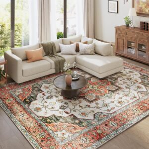 techmilly 5x7 washable area rug, large boho rugs for living room, soft indoor rug with non slip backing, stain resistant vintage accent rugs for bedroom, low pile durable rugs for dining room