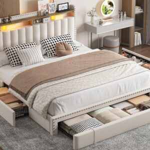 EnHomee Queen Bed Frame with Headboard and 3 Large Drawers, Upholstered Platform Bed Frame Queen Size with Storage, Queen Size Bed Frame with Headboard, Sturdy, No Box Spring Needed, No-Noise, Beige