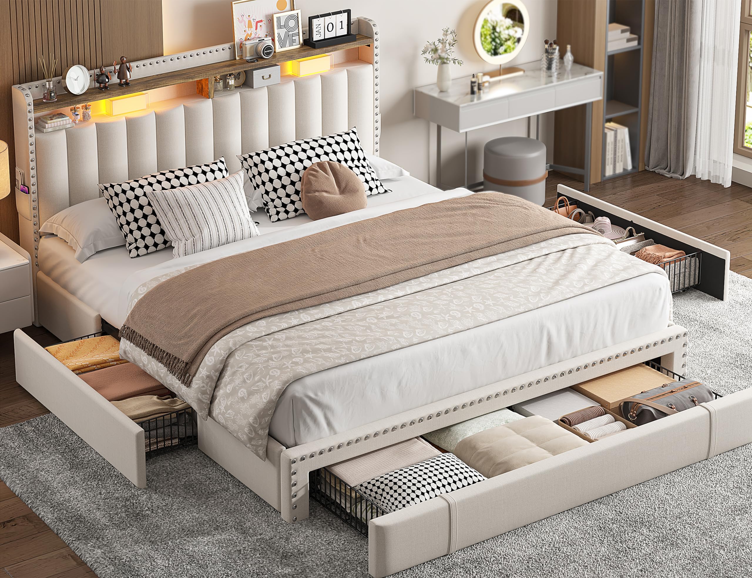 EnHomee Queen Bed Frame with Headboard and 3 Large Drawers, Upholstered Platform Bed Frame Queen Size with Storage, Queen Size Bed Frame with Headboard, Sturdy, No Box Spring Needed, No-Noise, Beige