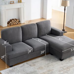 VanAcc 89 Inch Convertible Sofa with Storage, Reversible L Shape Sofa Couch with Chaise, Comfy Couches for Living Room, Grey Bouclé