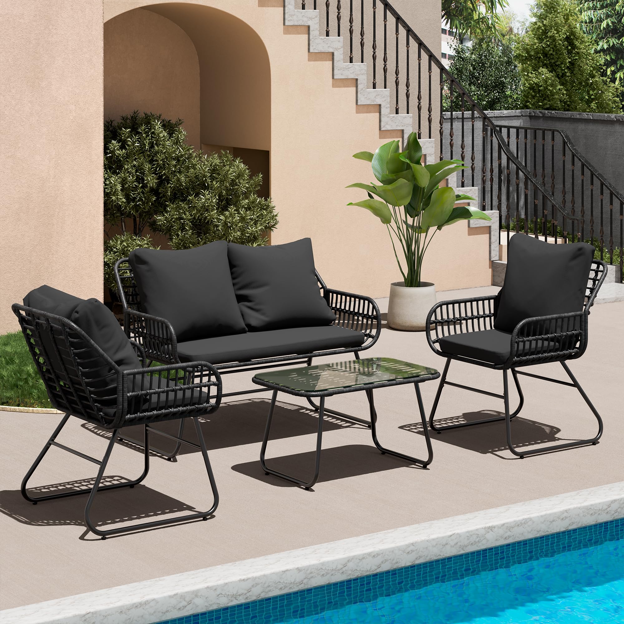 Esmlada 4-Piece Rattan Patio Furniture Set, All-Weather Bistro Conversation Loveseat, Chairs, and Table Set for Outdoor Living Spaces, with Cushions and Glass Table(BK-BK)