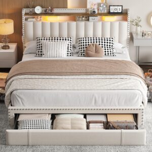 EnHomee Queen Bed Frame with Headboard and 3 Large Drawers, Upholstered Platform Bed Frame Queen Size with Storage, Queen Size Bed Frame with Headboard, Sturdy, No Box Spring Needed, No-Noise, Beige