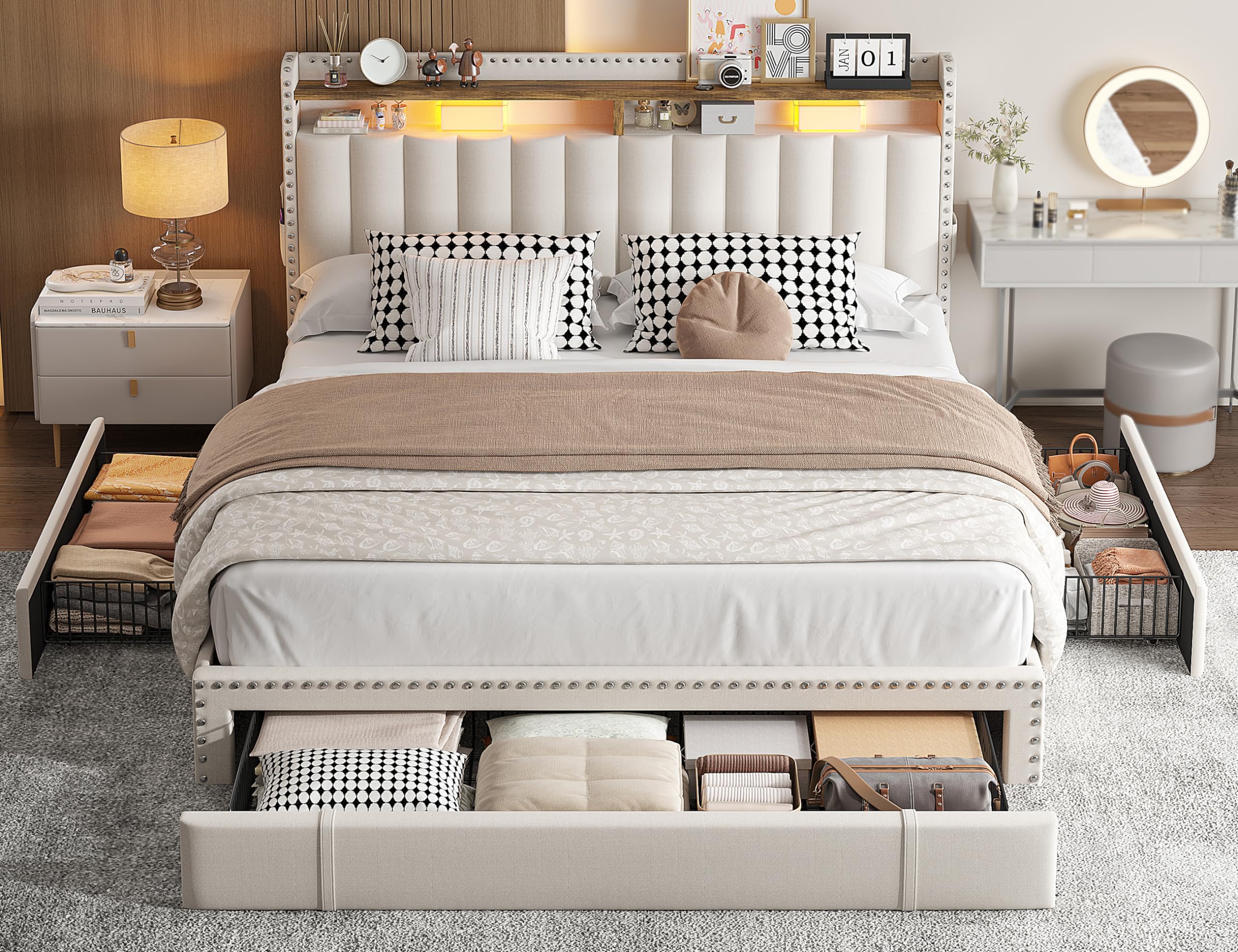 EnHomee Queen Bed Frame with Headboard and 3 Large Drawers, Upholstered Platform Bed Frame Queen Size with Storage, Queen Size Bed Frame with Headboard, Sturdy, No Box Spring Needed, No-Noise, Beige