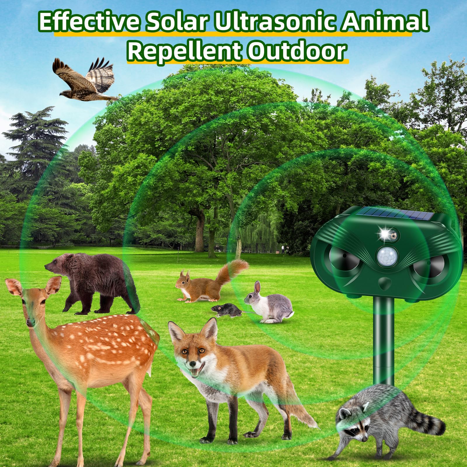 2 Pack Solar Animal Repeller Ultrasonic Cat Repellent Outdoor, Deer Repellent Devices with Motion Sensor, Safe Animal Deterrent to Repel Deer Cat Rabbit Dog Coyote Raccoon Squirrel Skunk for Yard