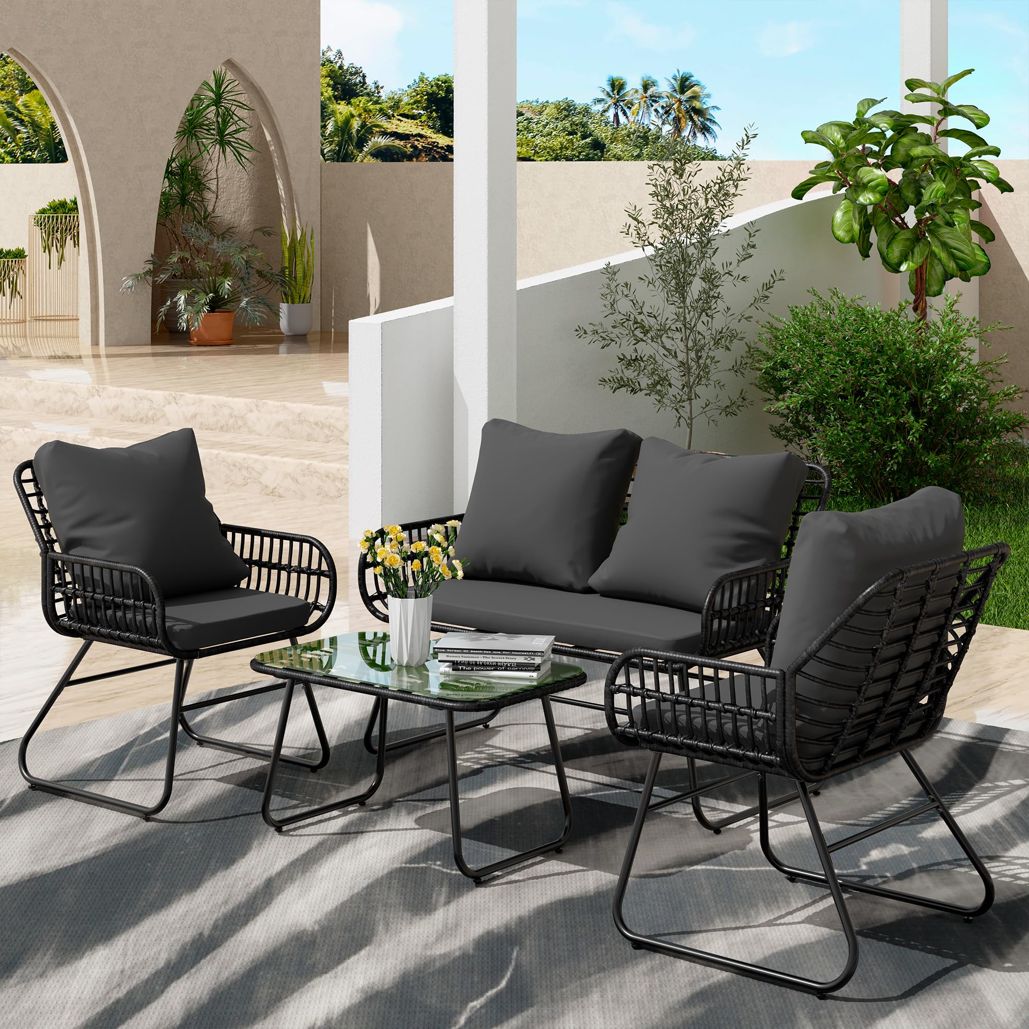 Esmlada 4-Piece Rattan Patio Furniture Set, All-Weather Bistro Conversation Loveseat, Chairs, and Table Set for Outdoor Living Spaces, with Cushions and Glass Table(BK-BK)