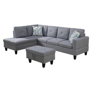 LostCat Sectional Sofa with Chaise, 97" W Modular Sectional Sofa, Modular Couch with Storage Ottoman, L Shaped Sofas & Couches, Linen U Shaped Sectional Couches for Living Room Furniture Sets, Grey