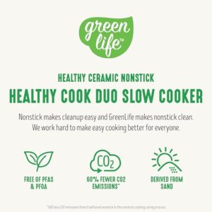 GreenLife 6 Quart Ceramic Slow Cooker, PFAS-Free, Programmable, Removable Healthy Nonstick Pot for Family Meals, Sear on Stovetop, Keep Warm, Digital Timer, Dishwasher Safe Glass Lid & Crock, Cream