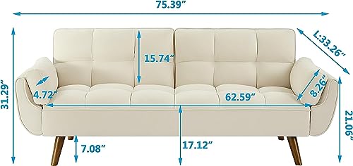 Modern Convertible Tufted Futon Sofa Bed Split Adjustable Backrest Loveseat Sofabed W/Removable Padded Armrests and Wood Legs for Living Space/Guest Room