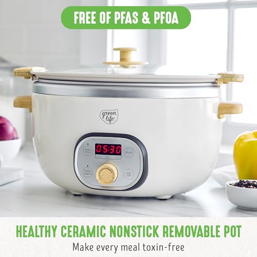 GreenLife 6 Quart Ceramic Slow Cooker, PFAS-Free, Programmable, Removable Healthy Nonstick Pot for Family Meals, Sear on Stovetop, Keep Warm, Digital Timer, Dishwasher Safe Glass Lid & Crock, Cream