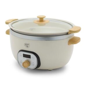 greenlife 6 quart ceramic slow cooker, pfas-free, programmable, removable healthy nonstick pot for family meals, sear on stovetop, keep warm, digital timer, dishwasher safe glass lid & crock, cream