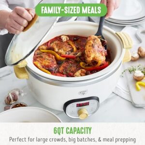 GreenLife 6 Quart Ceramic Slow Cooker, PFAS-Free, Programmable, Removable Healthy Nonstick Pot for Family Meals, Sear on Stovetop, Keep Warm, Digital Timer, Dishwasher Safe Glass Lid & Crock, Cream