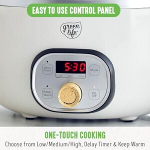 GreenLife 6 Quart Ceramic Slow Cooker, PFAS-Free, Programmable, Removable Healthy Nonstick Pot for Family Meals, Sear on Stovetop, Keep Warm, Digital Timer, Dishwasher Safe Glass Lid & Crock, Cream