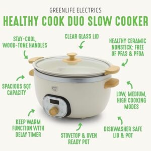 GreenLife 6 Quart Ceramic Slow Cooker, PFAS-Free, Programmable, Removable Healthy Nonstick Pot for Family Meals, Sear on Stovetop, Keep Warm, Digital Timer, Dishwasher Safe Glass Lid & Crock, Cream