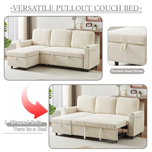 FANYE L-Shaped 3-Seaters Reversible Sleeper Sectional Convertible Sofabed Comfortable Corduroy Upholstered Corner Sofa with Pull Out Sleep Couch Bed and Cupholders for Compact Space Living Room