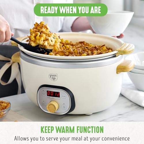 GreenLife 6 Quart Ceramic Slow Cooker, PFAS-Free, Programmable, Removable Healthy Nonstick Pot for Family Meals, Sear on Stovetop, Keep Warm, Digital Timer, Dishwasher Safe Glass Lid & Crock, Cream