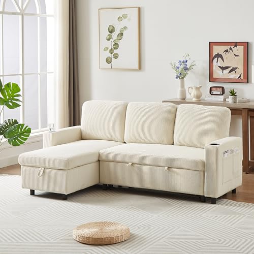 FANYE L-Shaped 3-Seaters Reversible Sleeper Sectional Convertible Sofabed Comfortable Corduroy Upholstered Corner Sofa with Pull Out Sleep Couch Bed and Cupholders for Compact Space Living Room