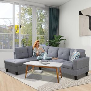 LostCat Sectional Sofa with Chaise, 97" W Modular Sectional Sofa, Modular Couch with Storage Ottoman, L Shaped Sofas & Couches, Linen U Shaped Sectional Couches for Living Room Furniture Sets, Grey