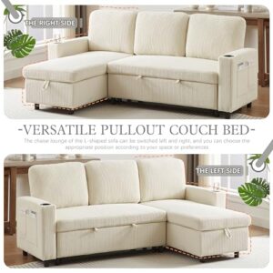 FANYE L-Shaped 3-Seaters Reversible Sleeper Sectional Convertible Sofabed Comfortable Corduroy Upholstered Corner Sofa with Pull Out Sleep Couch Bed and Cupholders for Compact Space Living Room