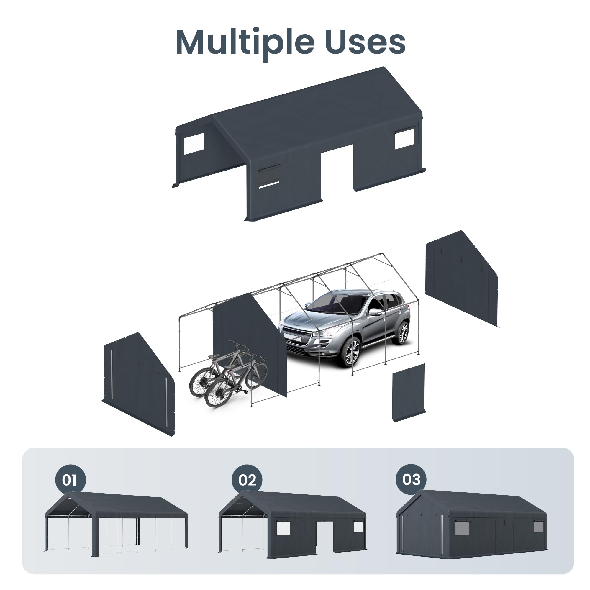 PHI VILLA 13'x24'x9.6' Outdoor Portable Storage Shelter Shed Garage with Roll up Zipper Doors & Vents Carport for Motorcycle Waterproof and UV Resistant Anti-Snow Portable Garage Kit Tent, Gray