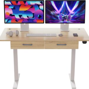 Our Modern Space 2-Drawer Height Adjustable 45" Electric Standing Desk - Upgraded Ultra Durable Home Office Large Rectangular Computer Table or Laptop Sit Stand Workstation - Maple