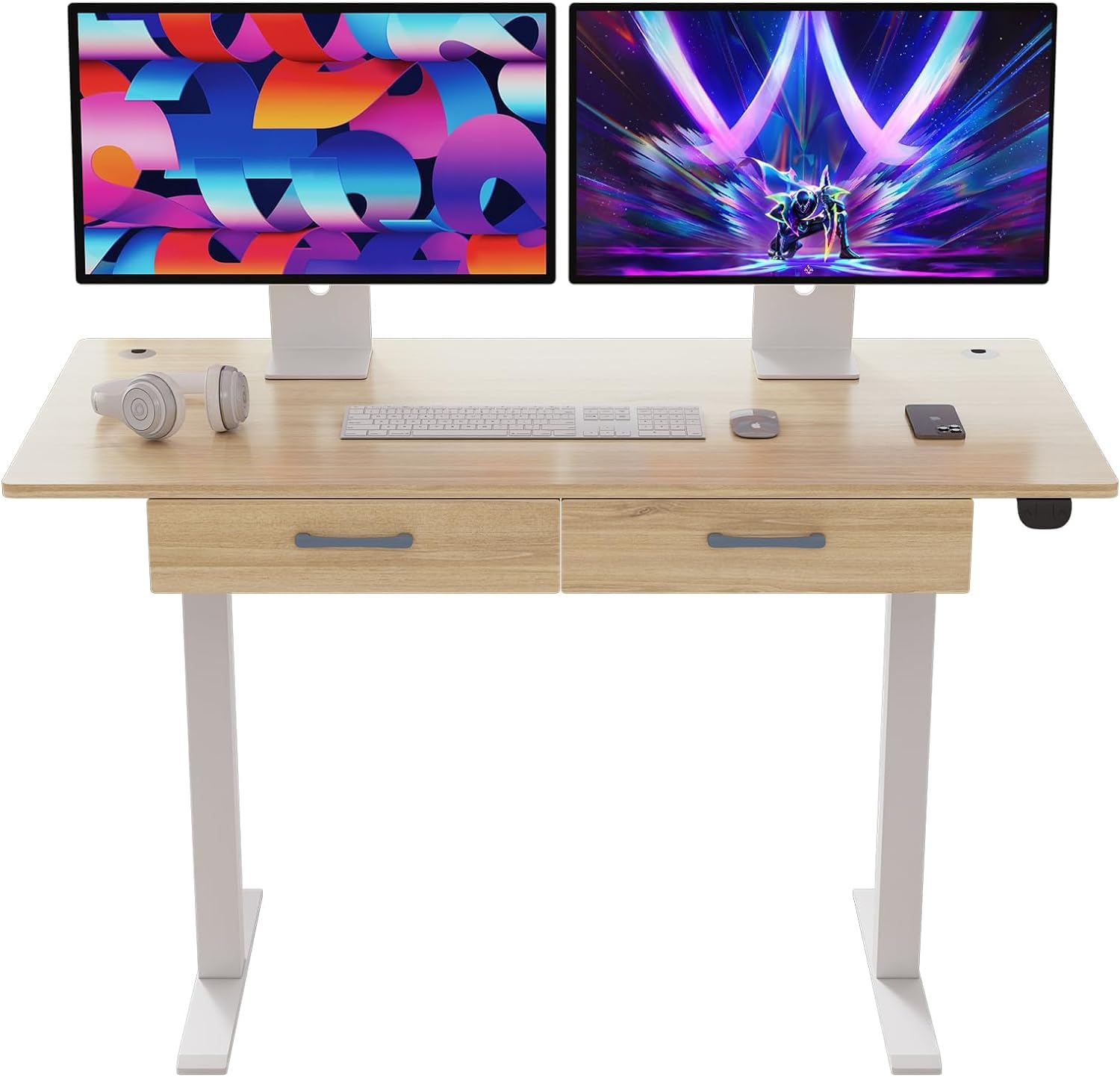 Our Modern Space 2-Drawer Height Adjustable 45" Electric Standing Desk - Upgraded Ultra Durable Home Office Large Rectangular Computer Table or Laptop Sit Stand Workstation - Maple